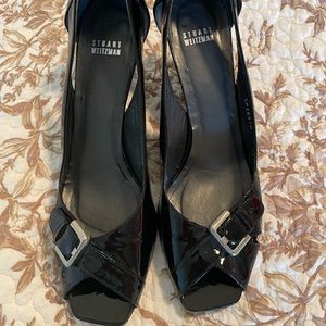 Stuart Weitzman open toe black patent dressy heel